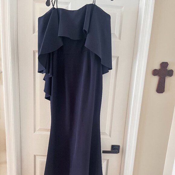 VINCE CAMUTO Womens Navy Ruffled Bell Sleeve Off Shoulder Full-Length Formal S8 - Picture 3 of 10
